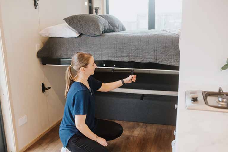 The Te Whare Nukunuku Tiny House's bed is operated using a hand crank