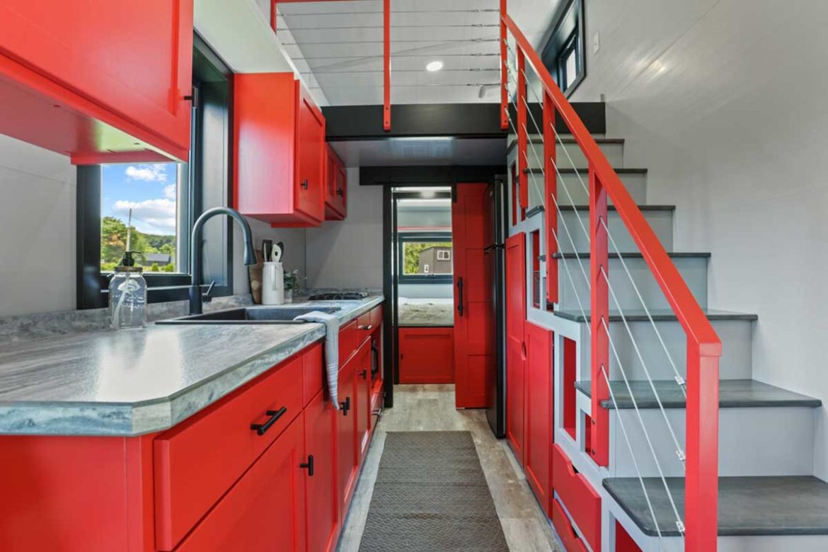 A funky tiny house with a unique color palette for a pizza lover