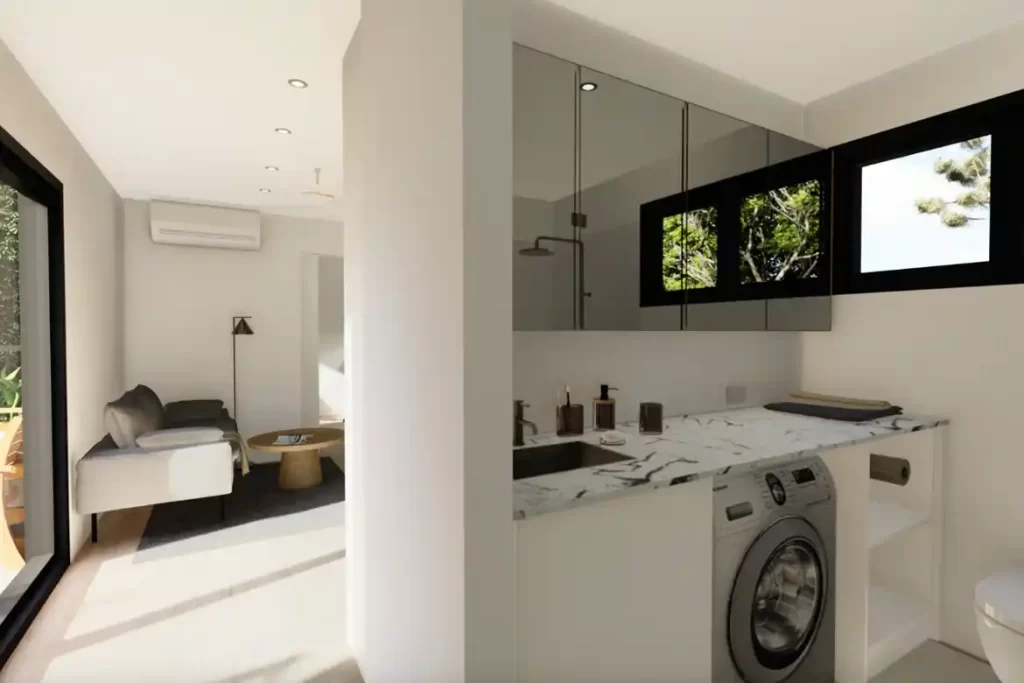 Main bedroom featuring a queen-sized bed and storage.