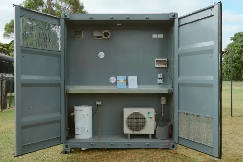 Off grid system including solar panels and exterior service compartment.